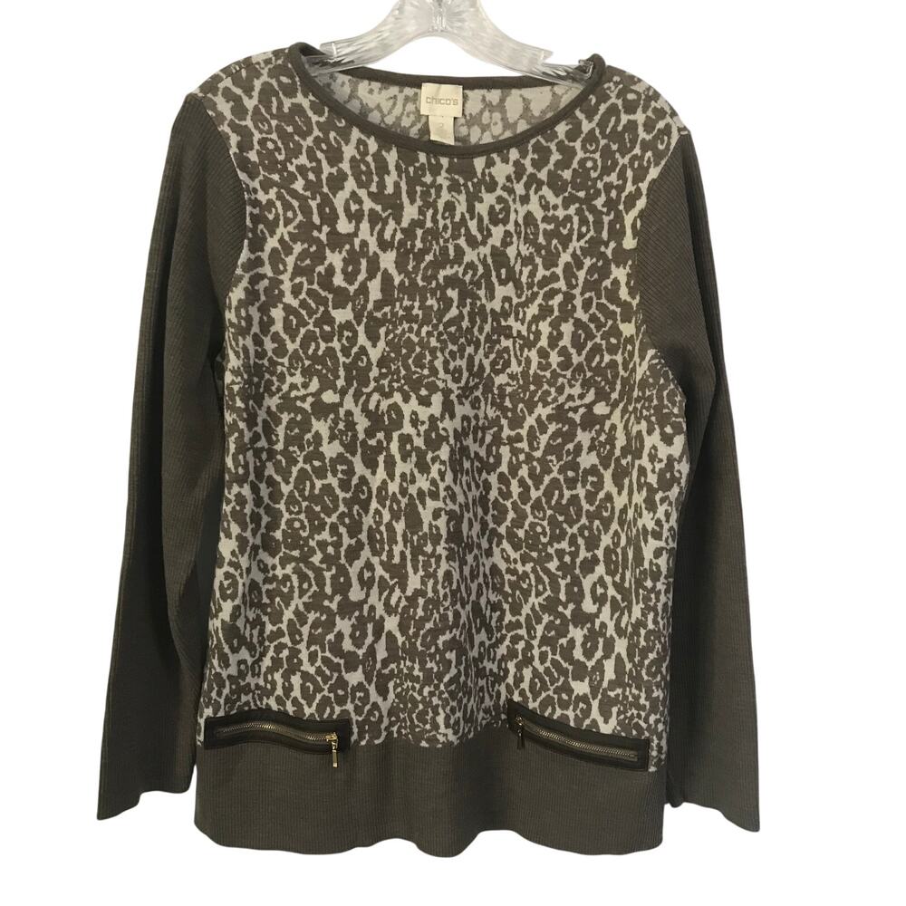 Chicos Blouse Size 2 Womens Sweater Animal Print Taupe White Long Sleeve